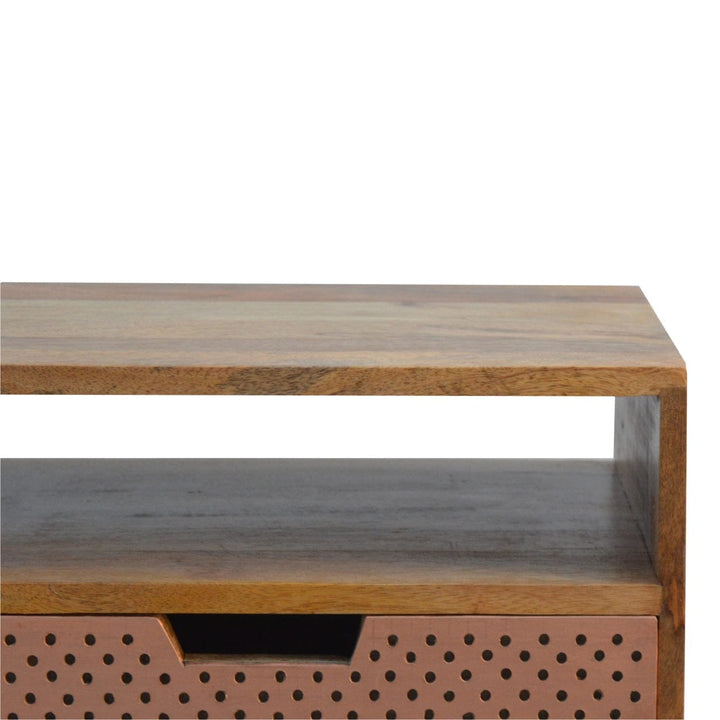 Perforated Copper Nightstand - Solid Mango Wood Bedside Table for Bedroom - product view 4 showing handcrafted solid...