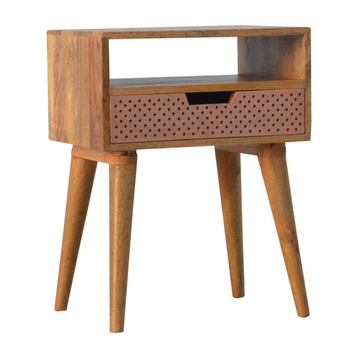 Perforated Copper Nightstand - Solid Mango Wood Bedside Table for Bedroom - product view 3 showing handcrafted solid...