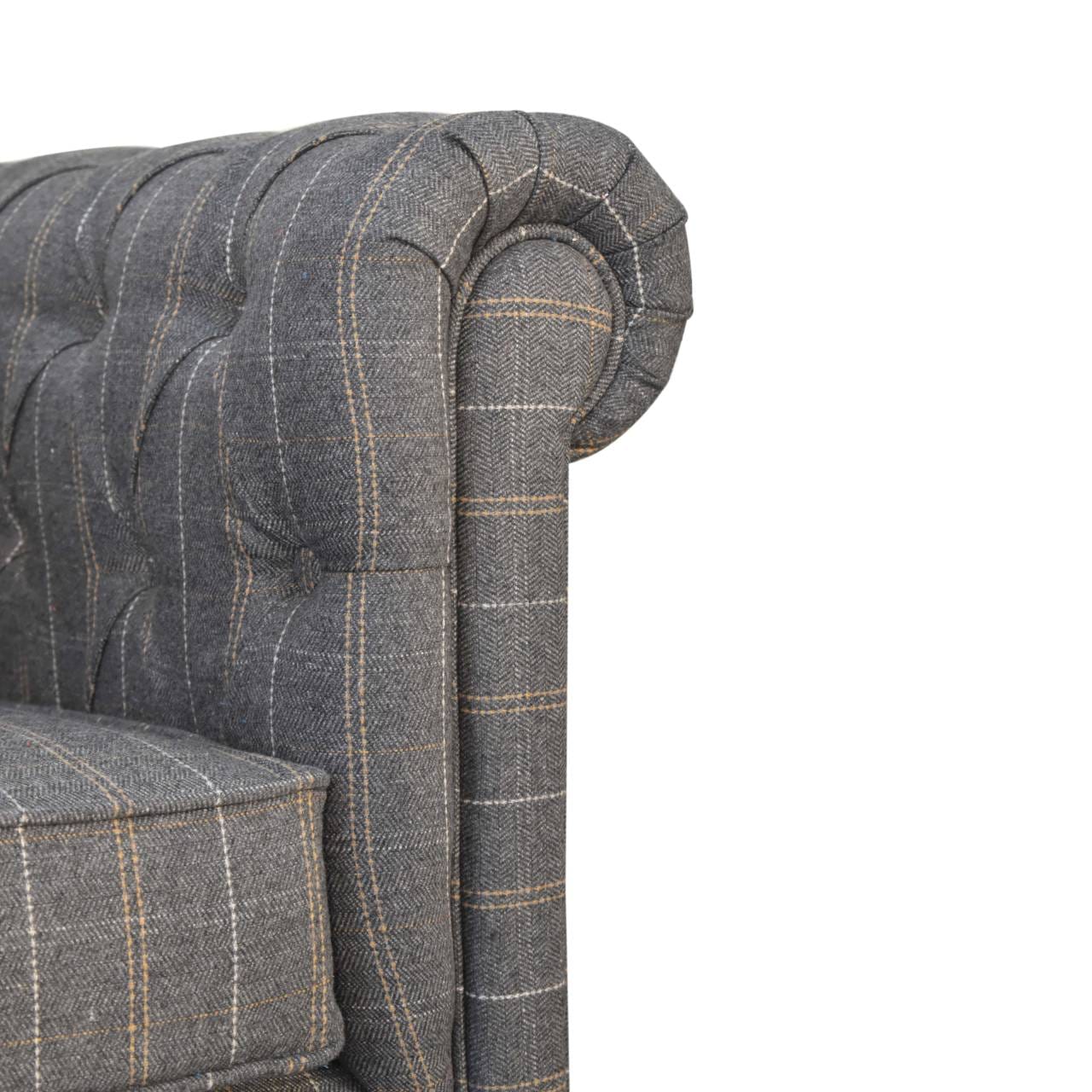 Pewter Tweed Chesterfield Armchair - Solid Mango Wood Accent Chair for Living Room - product view 5 showing handcrafted...