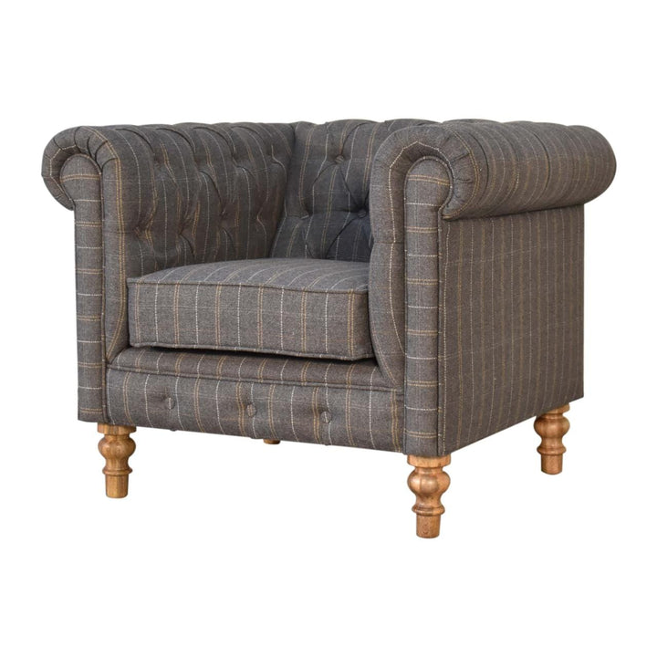 Pewter Tweed Chesterfield Armchair - Solid Mango Wood Accent Chair for Living Room - product view 3 showing handcrafted...