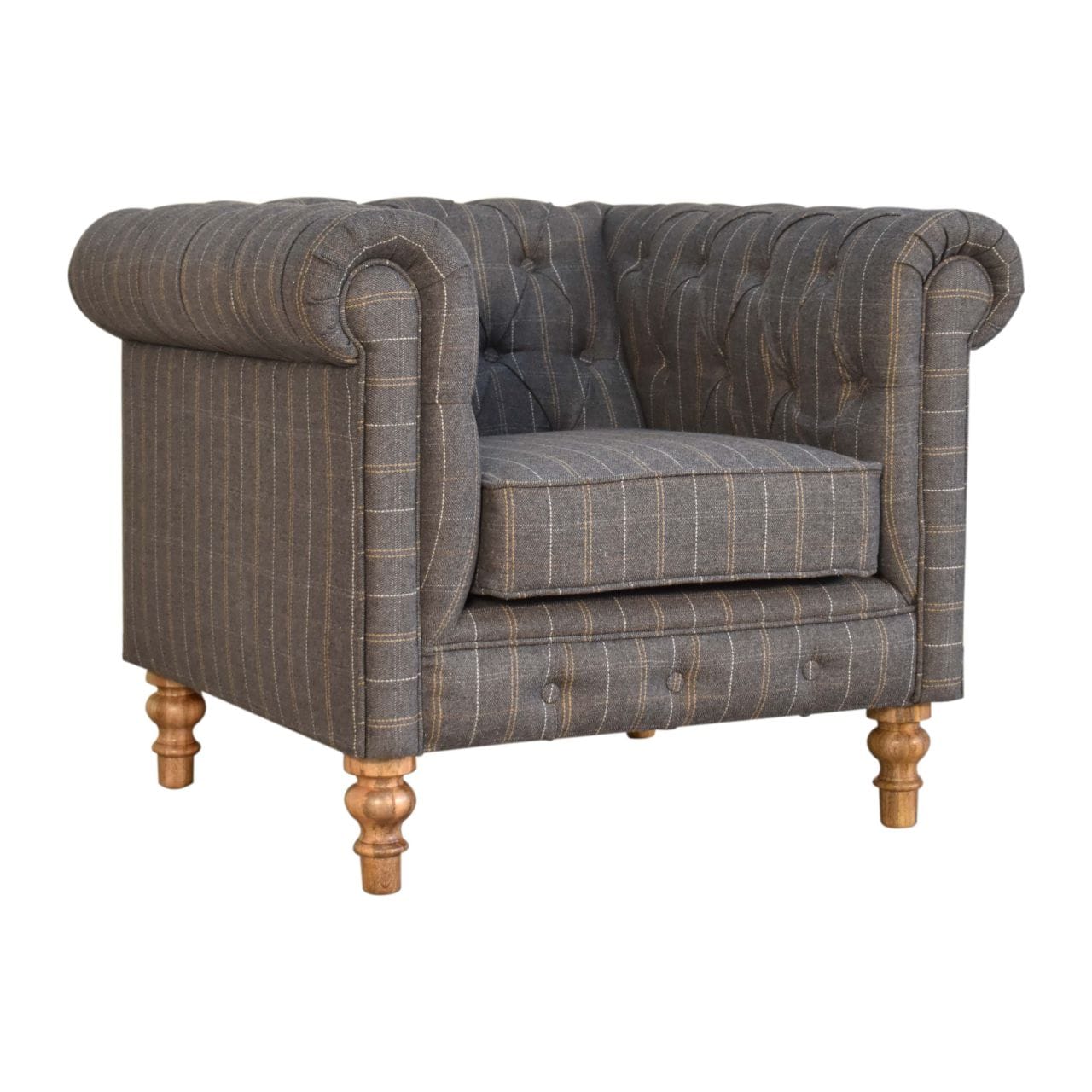 Pewter Tweed Chesterfield Armchair - Solid Mango Wood Accent Chair for Living Room - product view 2 showing handcrafted...