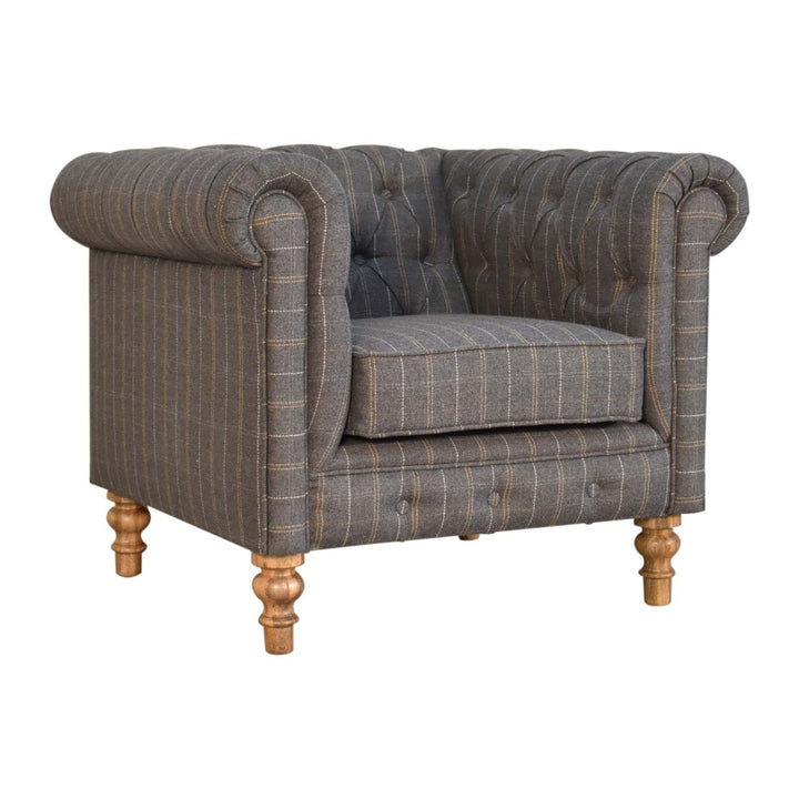 Pewter Tweed Chesterfield Armchair - Solid Mango Wood Accent Chair for Living Room - product view 2 showing handcrafted...