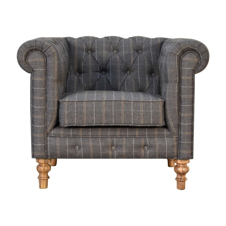 Pewter Tweed Chesterfield Armchair - Solid Mango Wood Accent Chair for Living Room - main view showing handcrafted solid...