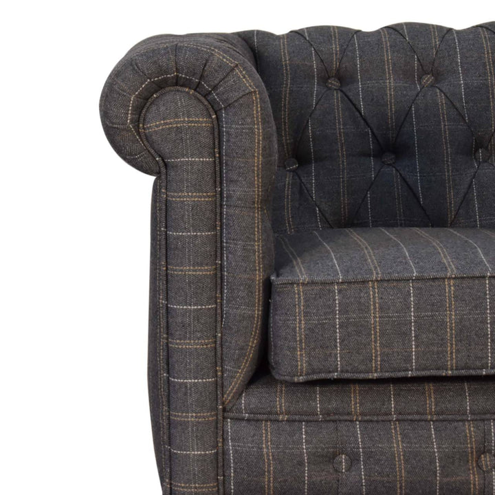 Pewter Tweed Chesterfield Armchair - Solid Mango Wood Accent Chair for Living Room - product view 4 showing handcrafted...