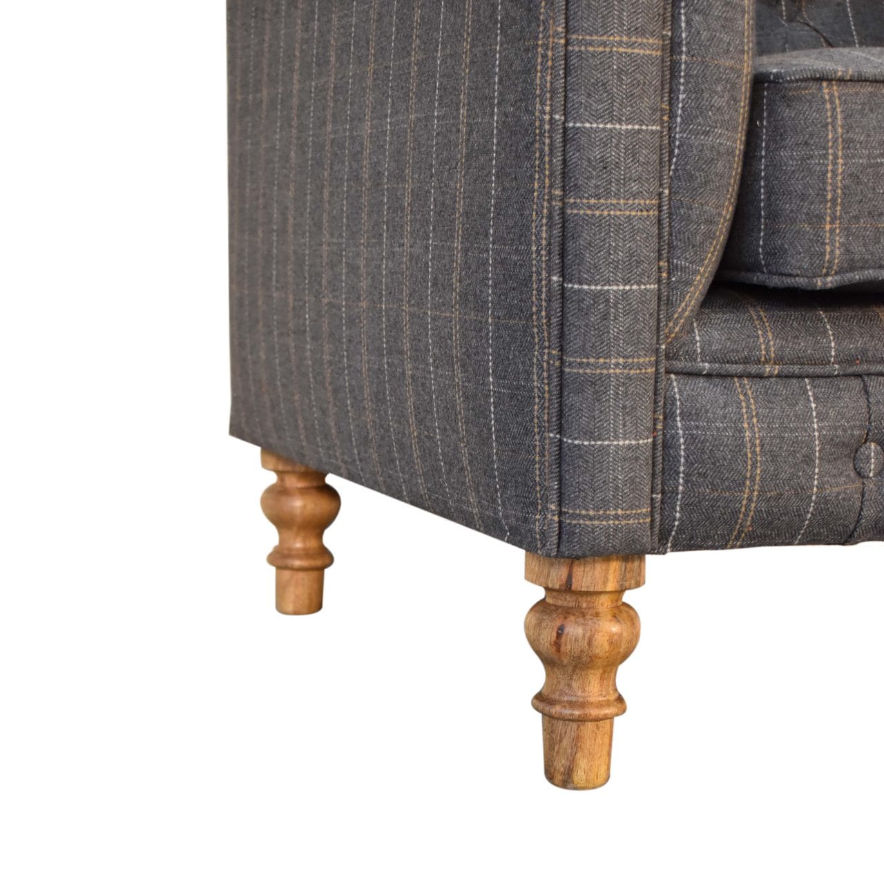 Pewter Tweed Chesterfield Armchair - Solid Mango Wood Accent Chair for Living Room - product view 7 showing handcrafted...