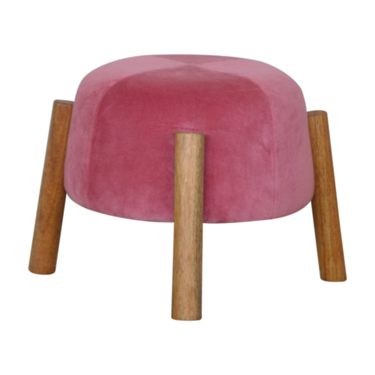 Pink Velvet Cone Footstool - Solid Mango Wood Accent Stool for Living Room - main view showing handcrafted solid mango...