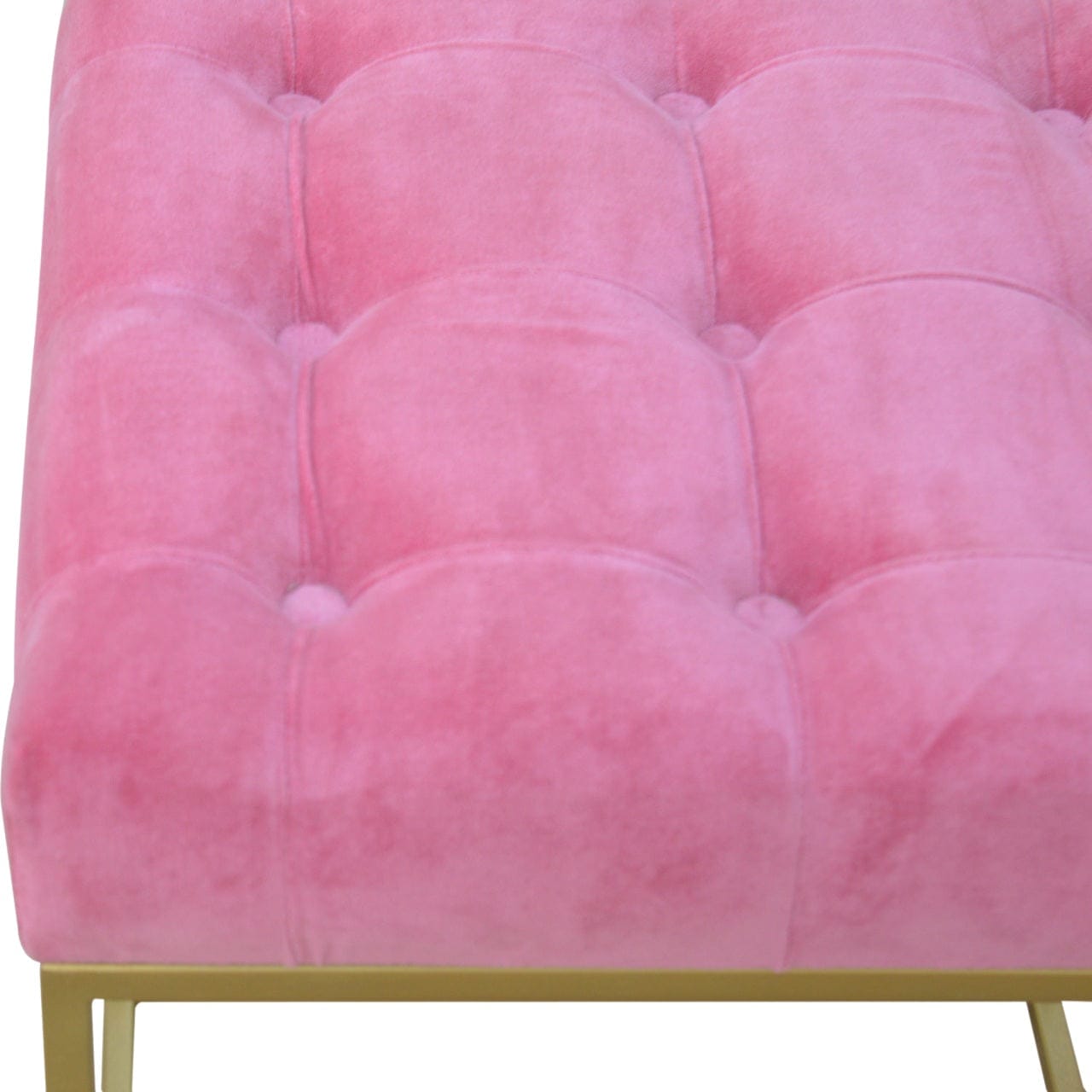 Pink Velvet Gold Base Footstool - Solid Mango Wood Accent Stool for Living Room - product view 4 showing handcrafted...