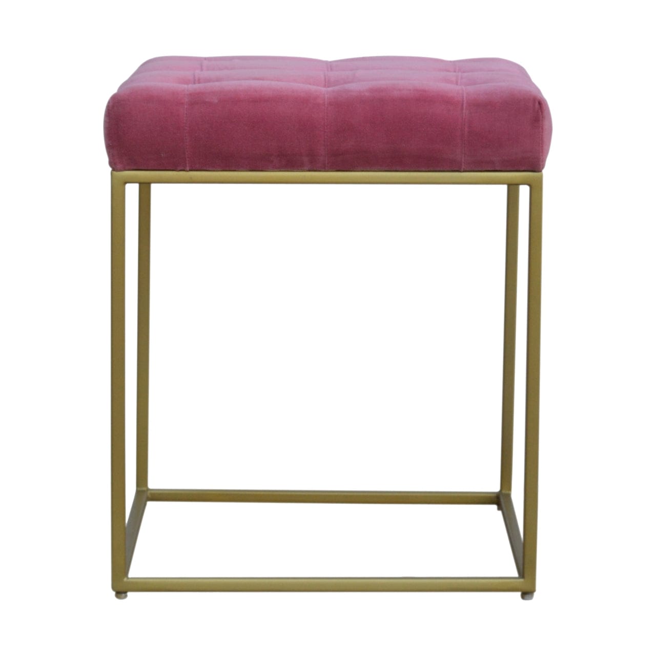 Pink Velvet Gold Base Footstool - Solid Mango Wood Accent Stool for Living Room - main view showing handcrafted solid...