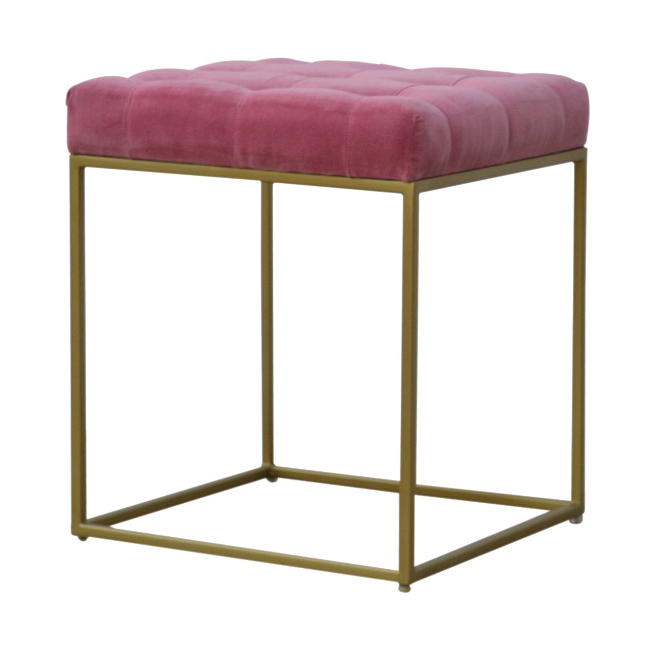 Pink Velvet Gold Base Footstool - Solid Mango Wood Accent Stool for Living Room - product view 3 showing handcrafted...