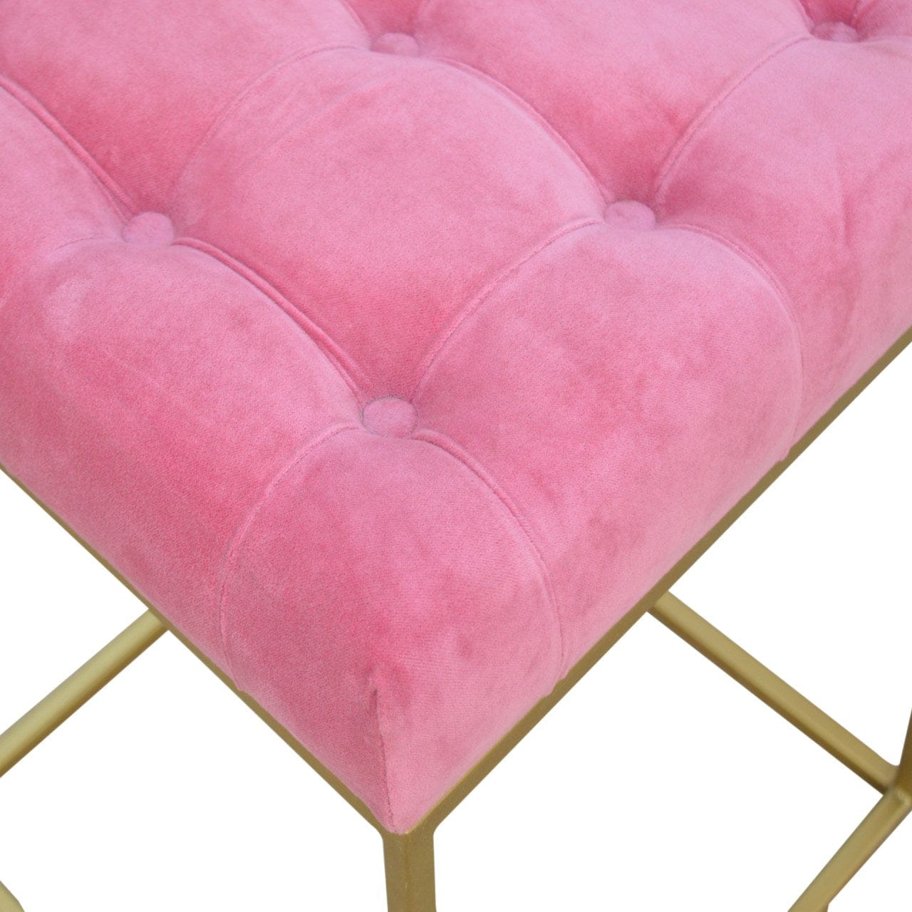 Pink Velvet Gold Base Footstool - Solid Mango Wood Accent Stool for Living Room - product view 6 showing handcrafted...