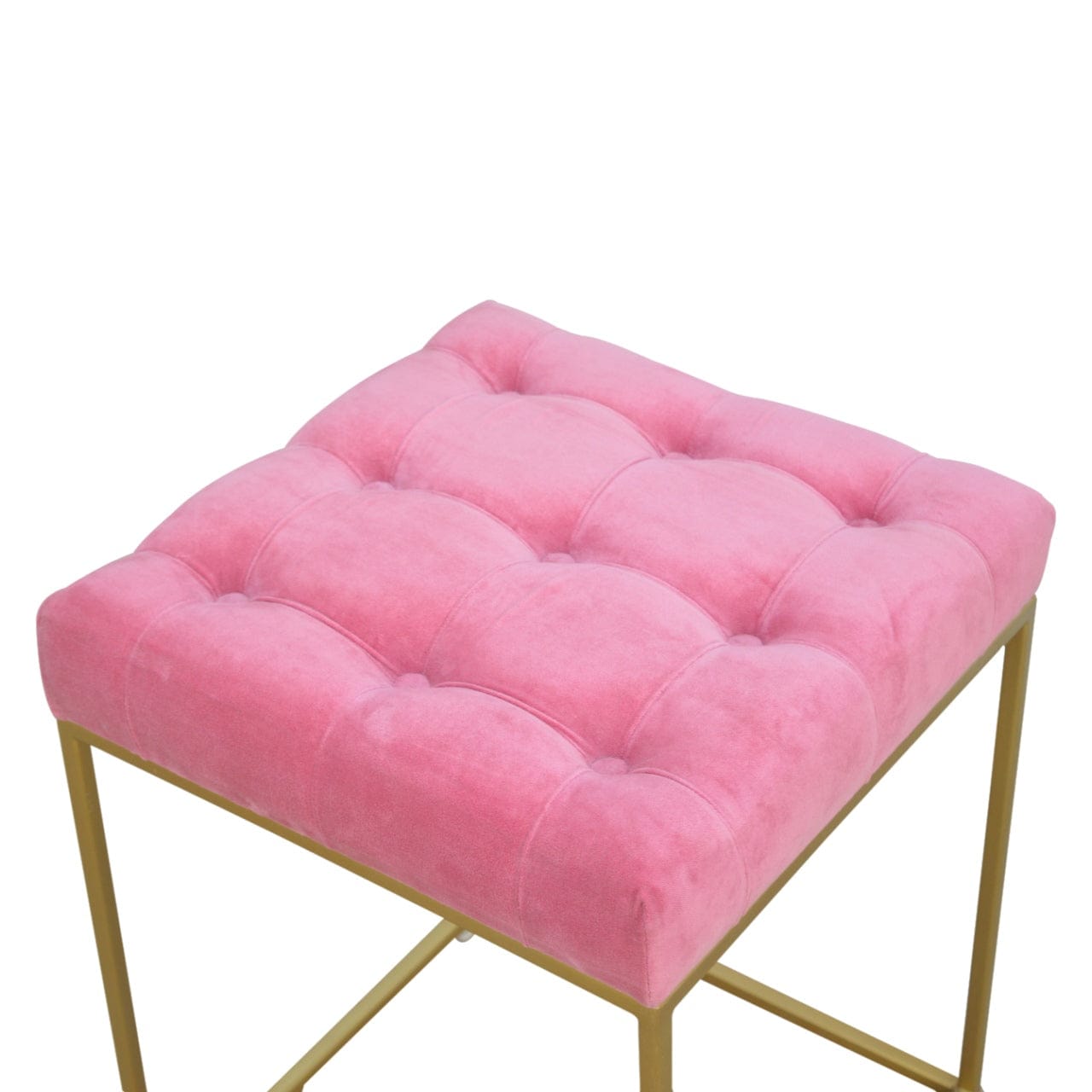 Pink Velvet Gold Base Footstool - Solid Mango Wood Accent Stool for Living Room - product view 5 showing handcrafted...