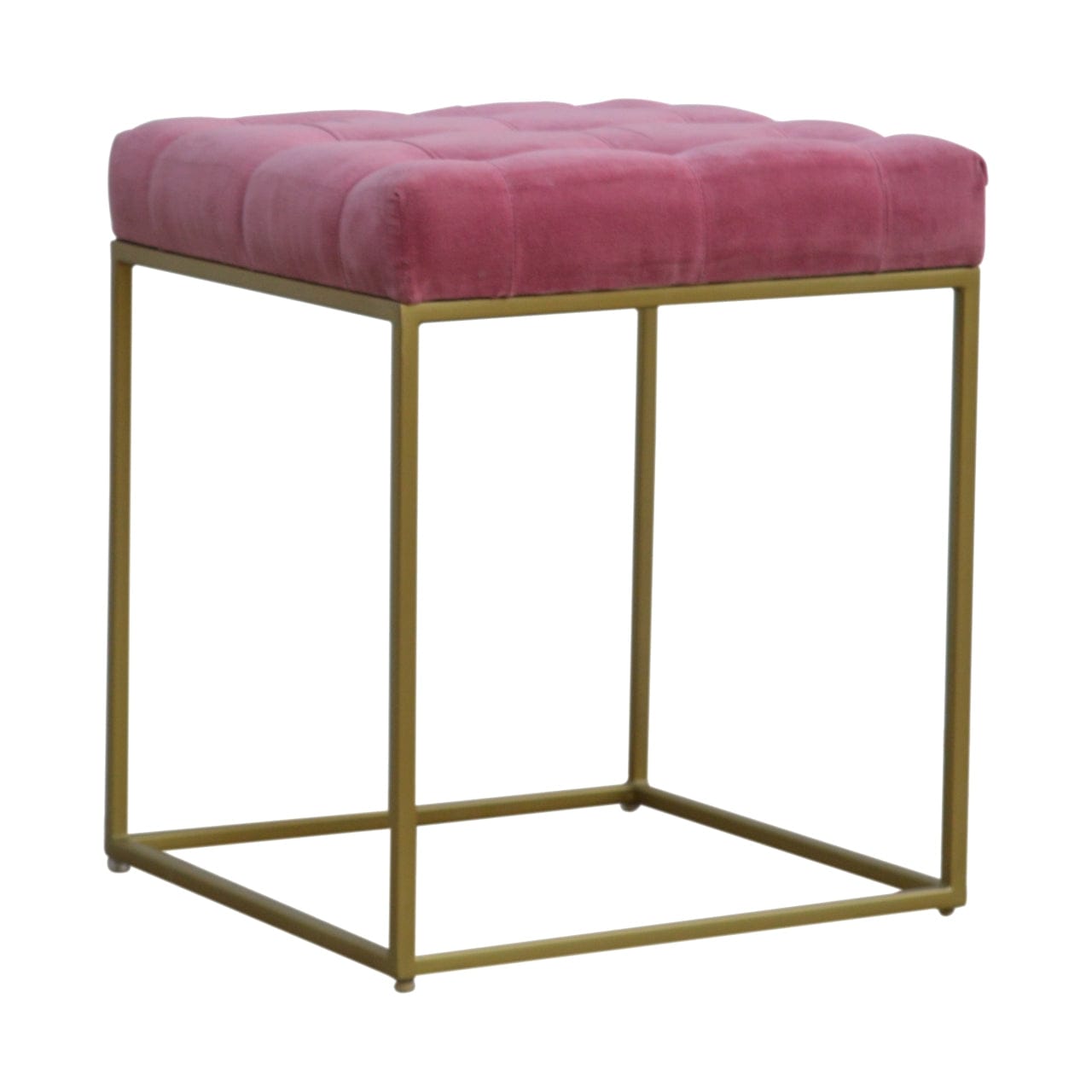 Pink Velvet Gold Base Footstool - Solid Mango Wood Accent Stool for Living Room - product view 2 showing handcrafted...
