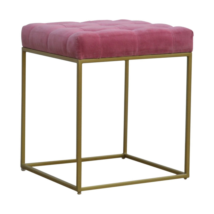Pink Velvet Gold Base Footstool - Solid Mango Wood Accent Stool for Living Room - product view 2 showing handcrafted...