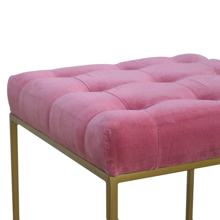 Pink Velvet Gold Base Footstool - Solid Mango Wood Accent Stool for Living Room - product view 7 showing handcrafted...