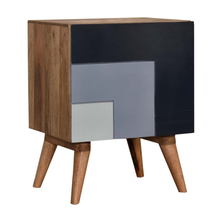 Quebec Blue Nightstand - Solid Mango Wood Bedside Table for Bedroom - product view 2 showing handcrafted solid mango wood...