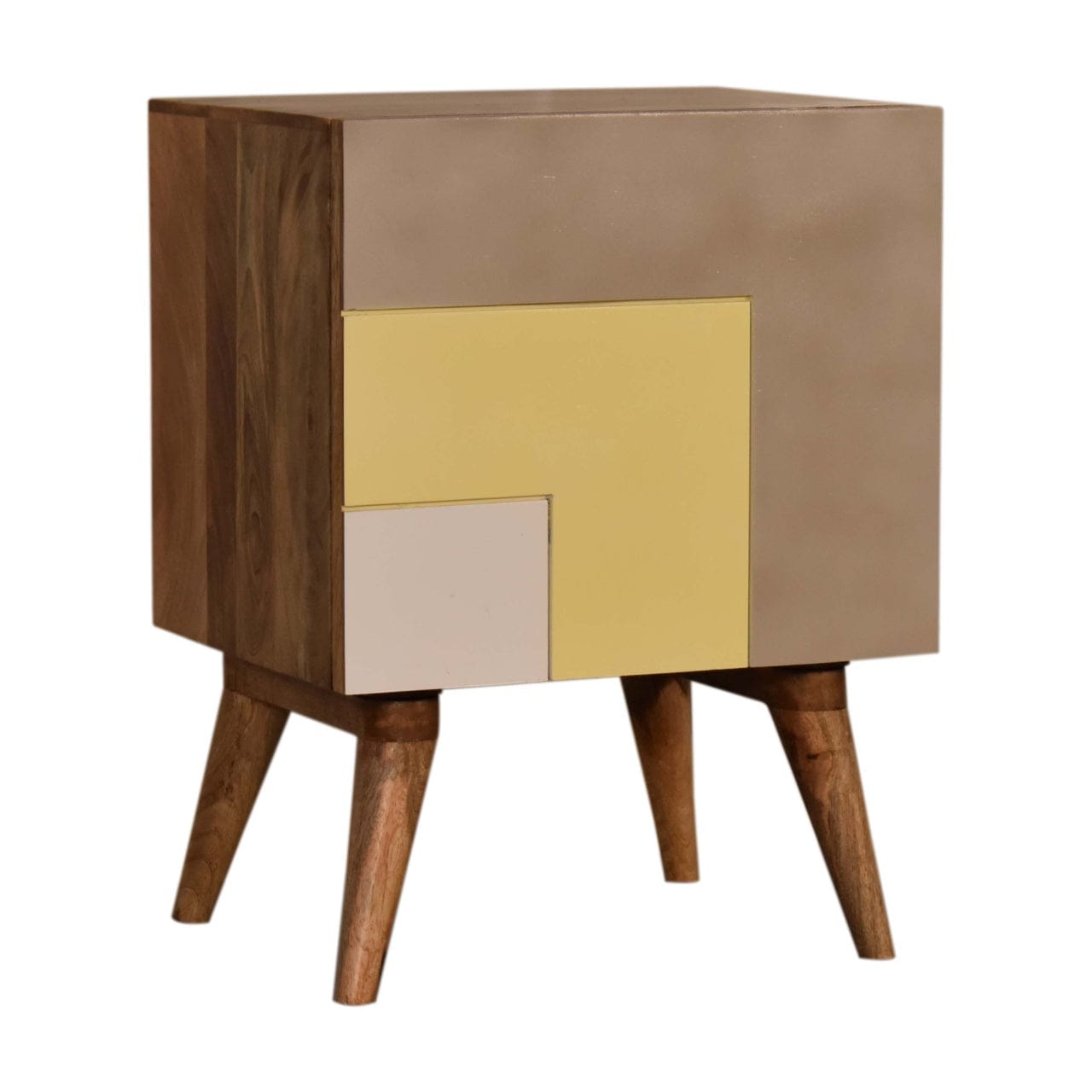 Quebec Yellow Nightstand - Solid Mango Wood Bedside Table for Bedroom - product view 3 showing handcrafted solid mango...