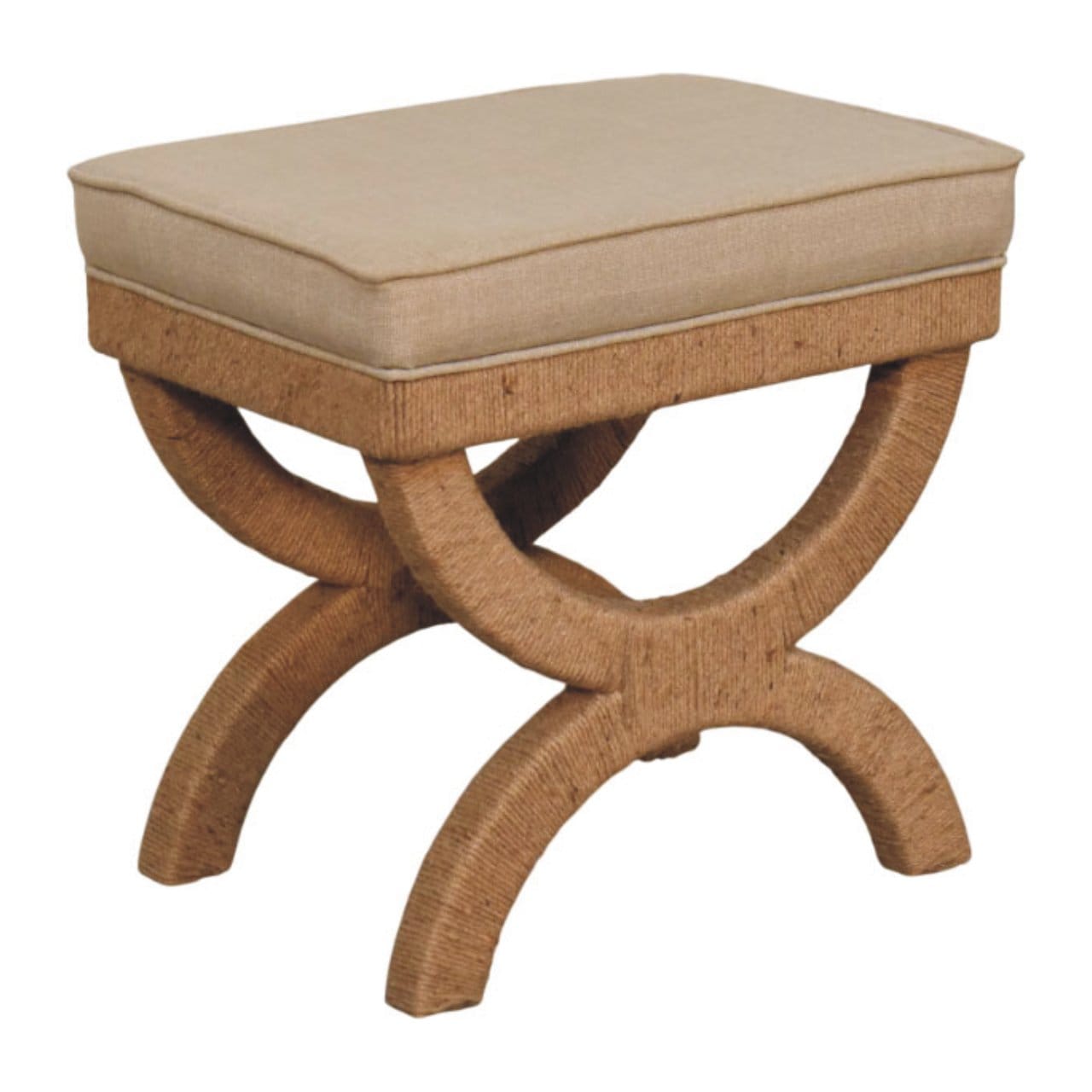 Rattan Arch Bench with Upholstered Linen Seat - Sculptural Woven Accent Bench in Solid Mango Wood - product view 6...