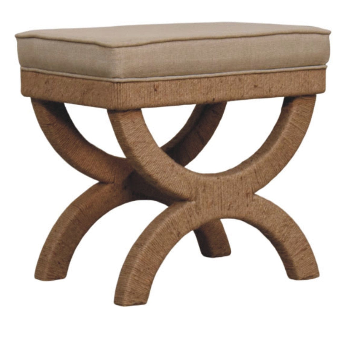 Rattan Arch Bench with Upholstered Linen Seat - Sculptural Woven Accent Bench in Solid Mango Wood - product view 2...
