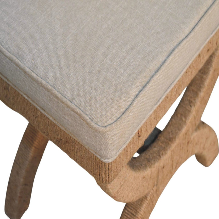 Rattan Arch Bench with Upholstered Linen Seat - Sculptural Woven Accent Bench in Solid Mango Wood - product view 5...