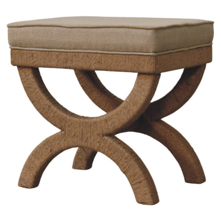 Rattan Arch Bench with Upholstered Linen Seat - Sculptural Woven Accent Bench in Solid Mango Wood - product view 3...
