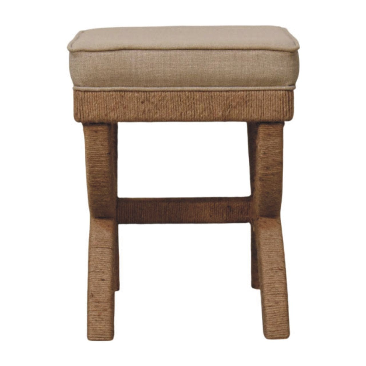 Rattan Arch Bench with Upholstered Linen Seat - Sculptural Woven Accent Bench in Solid Mango Wood - product view 8...