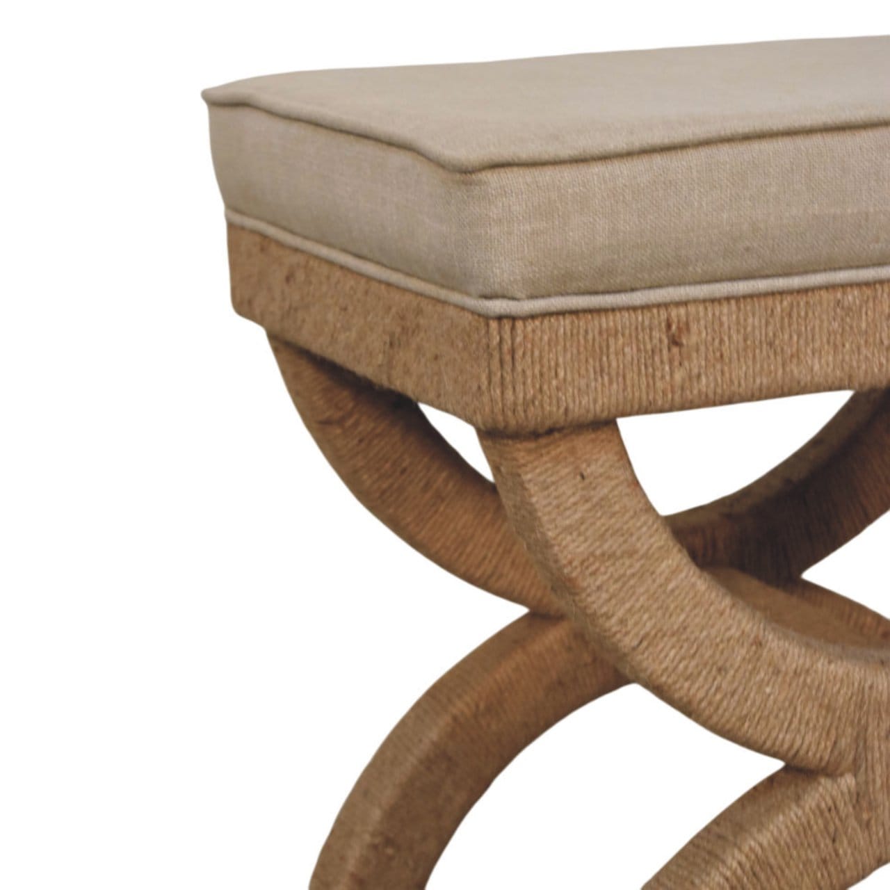 Rattan Arch Bench with Upholstered Linen Seat - Sculptural Woven Accent Bench in Solid Mango Wood - product view 7...