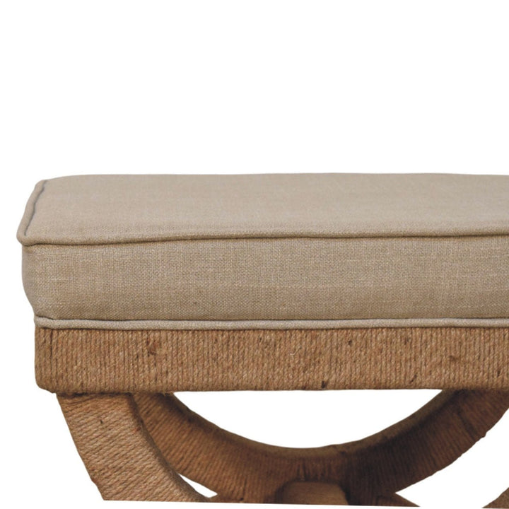 Rattan Arch Bench with Upholstered Linen Seat - Sculptural Woven Accent Bench in Solid Mango Wood - product view 4...