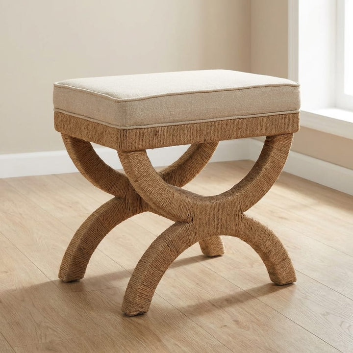 Rattan Arch Bench with Upholstered Linen Seat - Sculptural Woven Accent Bench in Solid Mango Wood - main view showing...