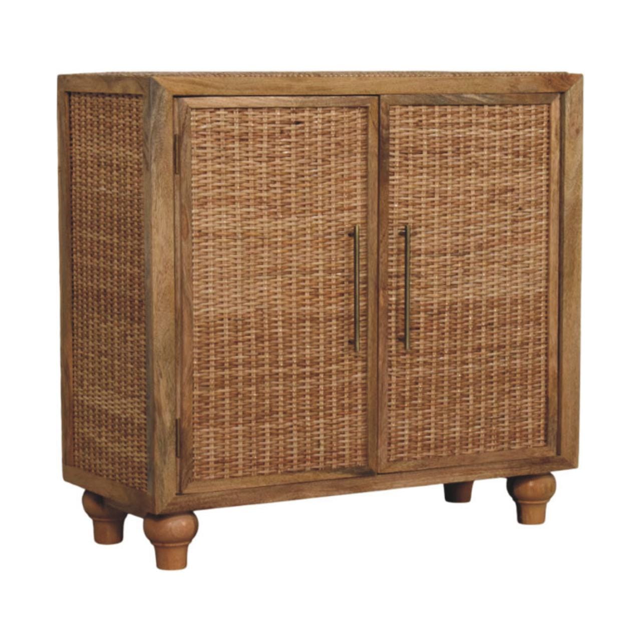 Rattan Oak 2 Door Sideboard - Solid Mango Wood Storage Cabinet with Handwoven Rattan Doors - product view 3 showing...