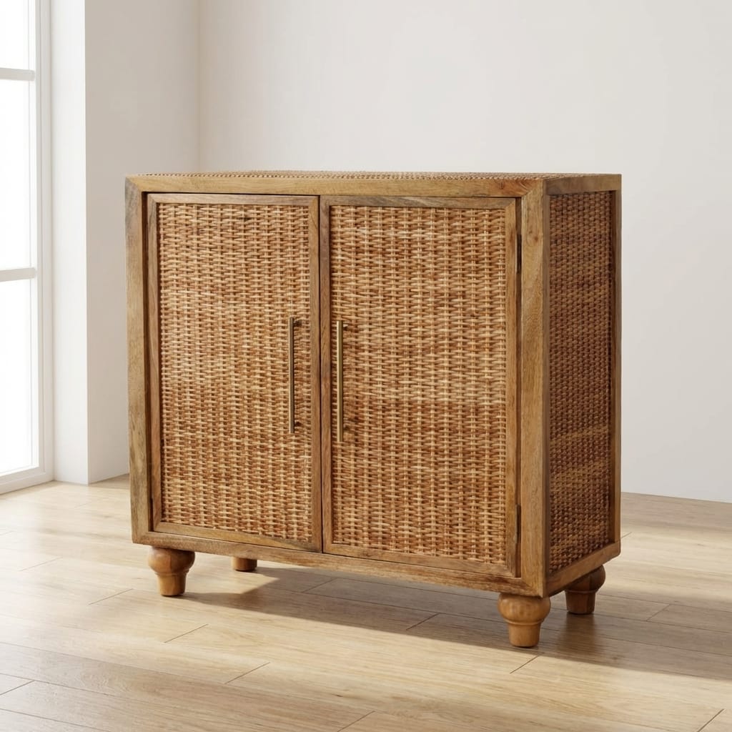 Rattan Oak 2 Door Sideboard - Solid Mango Wood Storage Cabinet with Handwoven Rattan Doors - main view showing...
