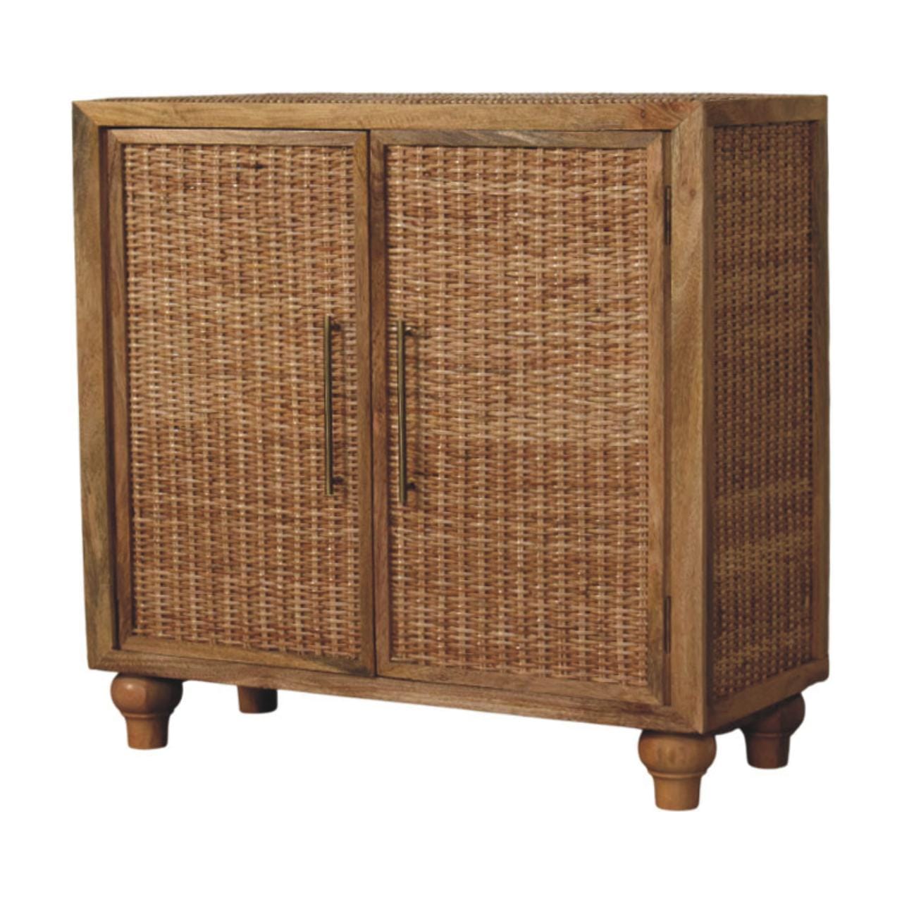 Rattan Oak 2 Door Sideboard - Solid Mango Wood Storage Cabinet with Handwoven Rattan Doors - product view 2 showing...