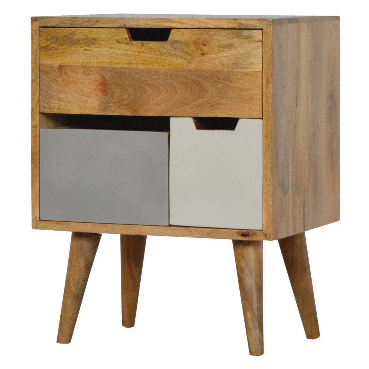 Removeable Grey and White Nightstand - Solid Mango Wood Bedside Table for Bedroom - main view showing handcrafted solid...