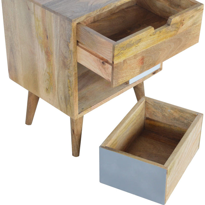 Removeable Grey and White Nightstand - Solid Mango Wood Bedside Table for Bedroom - product view 6 showing handcrafted...