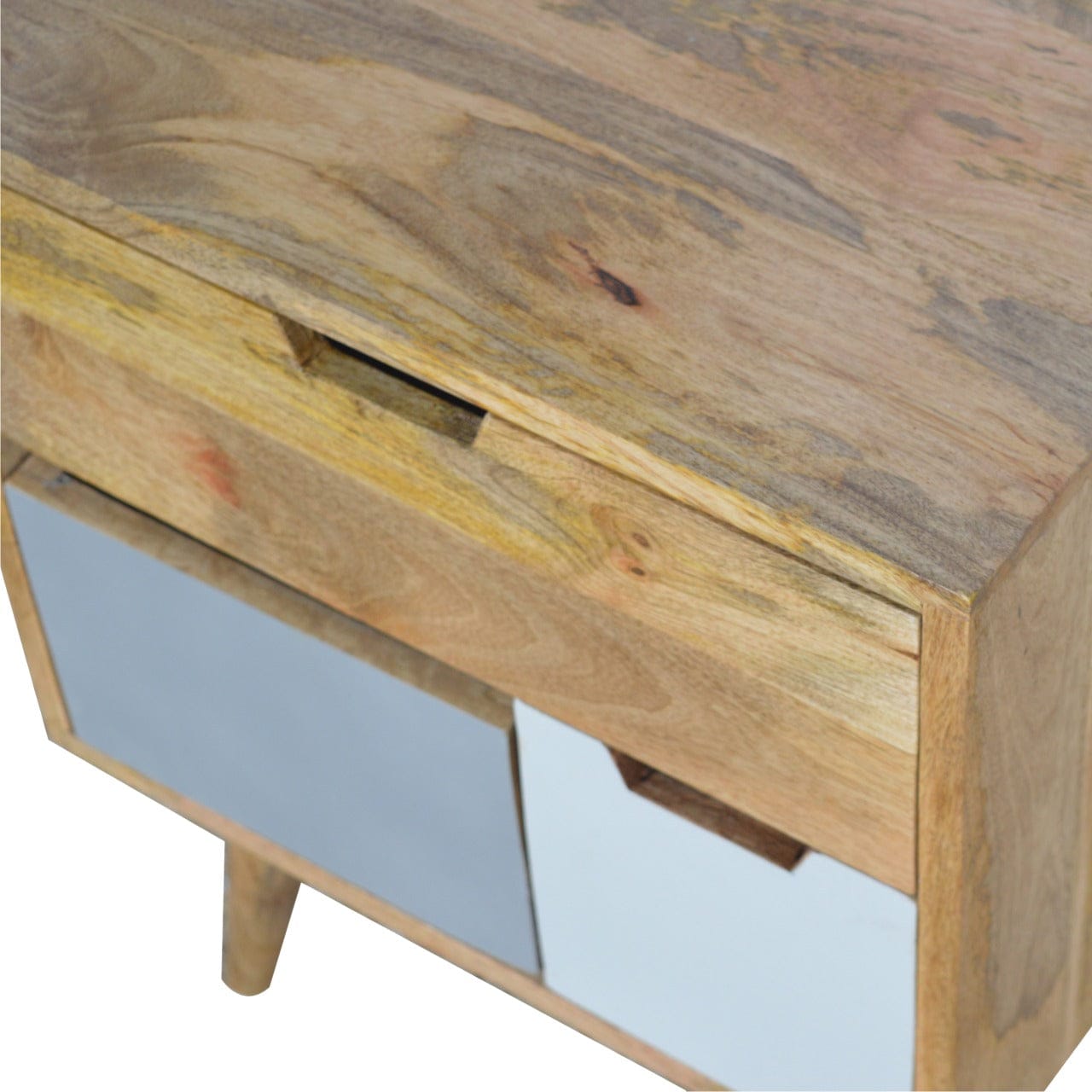 Removeable Grey and White Nightstand - Solid Mango Wood Bedside Table for Bedroom - product view 4 showing handcrafted...