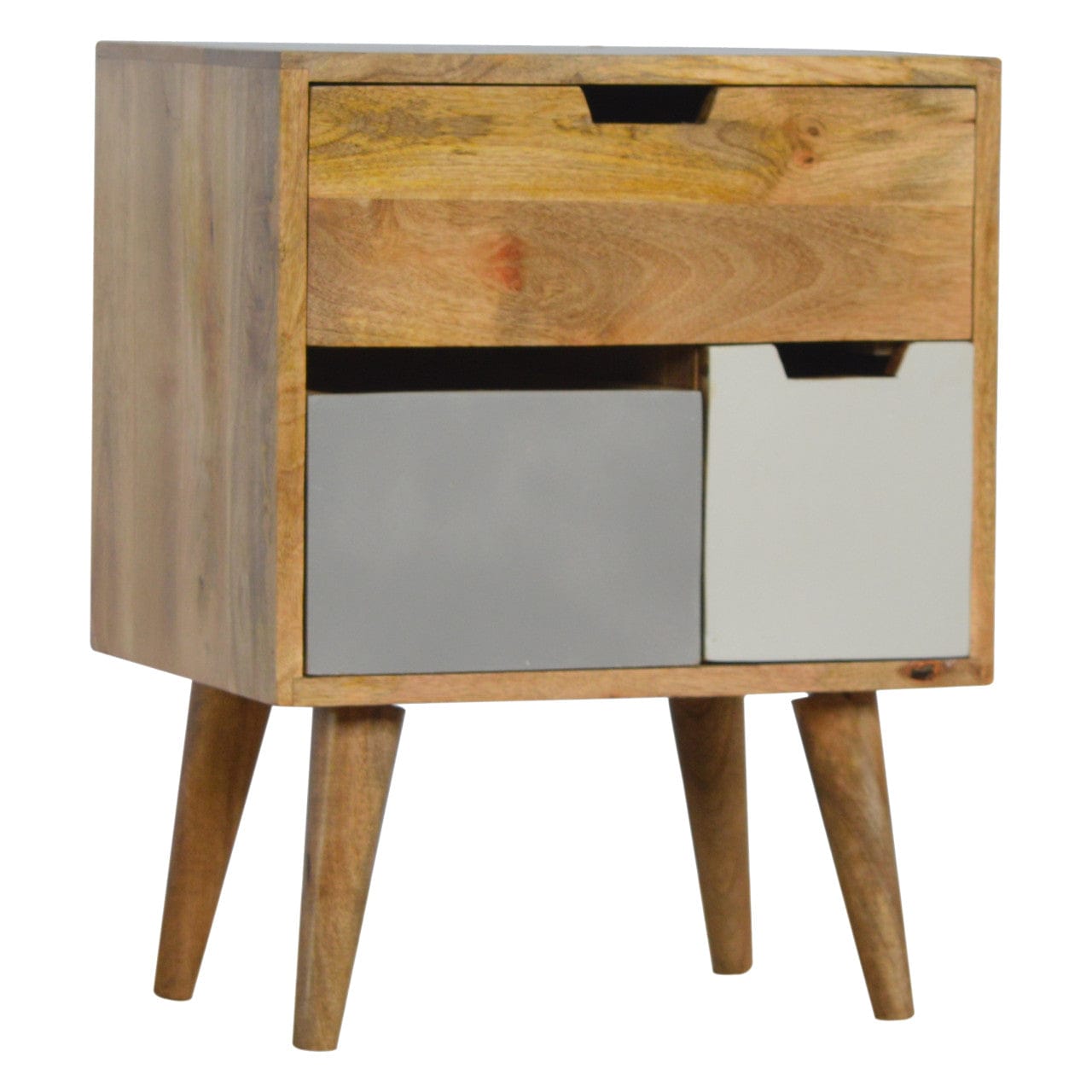 Removeable Grey and White Nightstand - Solid Mango Wood Bedside Table for Bedroom - product view 2 showing handcrafted...