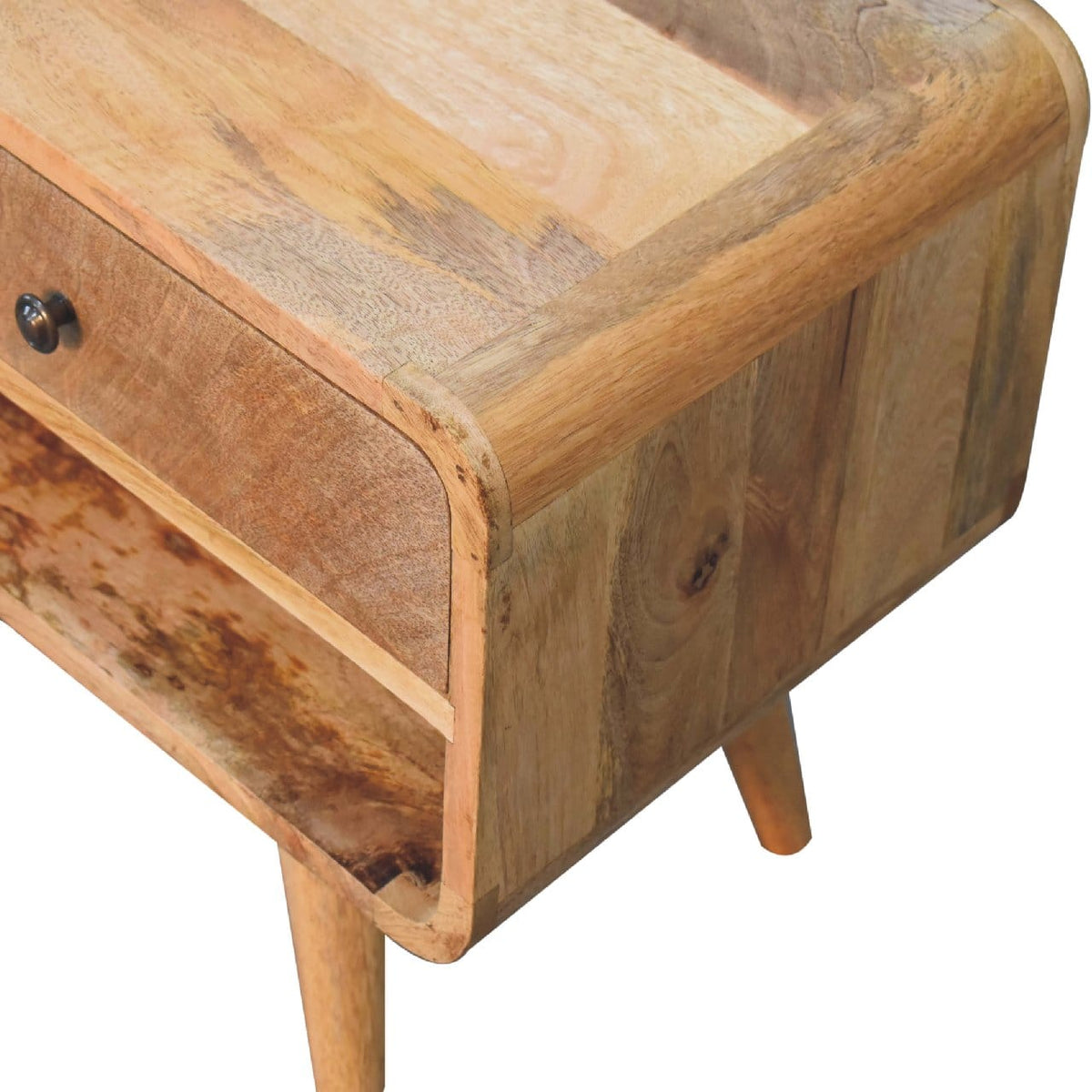 Reverse Curve Oak-ish TV Stand - Solid Mango Wood Entertainment Center for Living Room - product view 4 showing...
