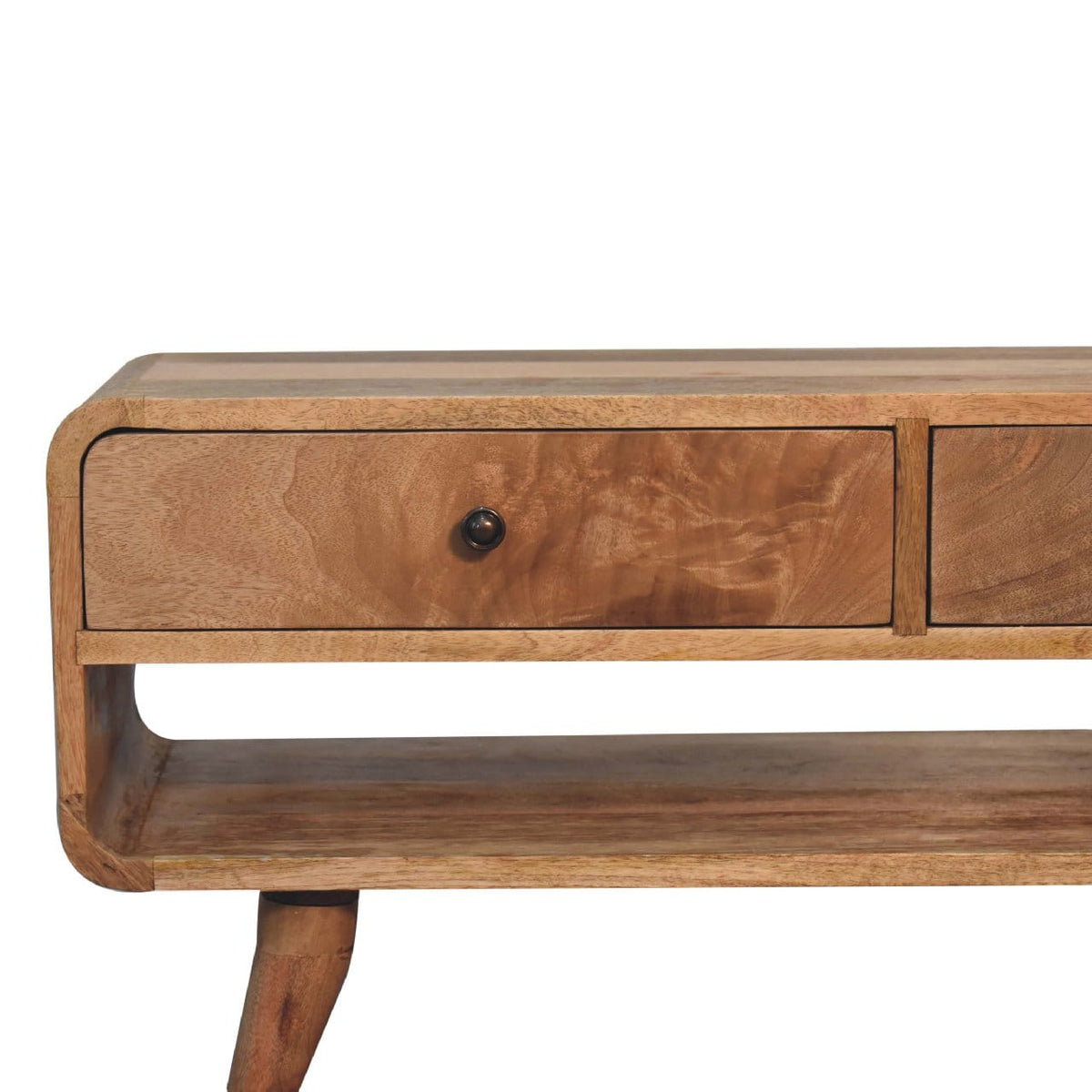 Reverse Curve Oak-ish TV Stand - Solid Mango Wood Entertainment Center for Living Room - product view 3 showing...