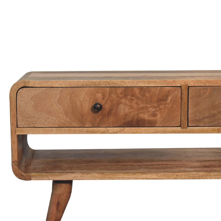 Reverse Curve Oak-ish TV Stand - Solid Mango Wood Entertainment Center for Living Room - product view 3 showing...