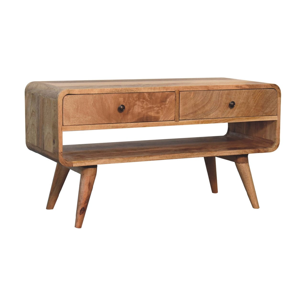 Reverse Curve Oak-ish TV Stand - Solid Mango Wood Entertainment Center for Living Room - product view 2 showing...