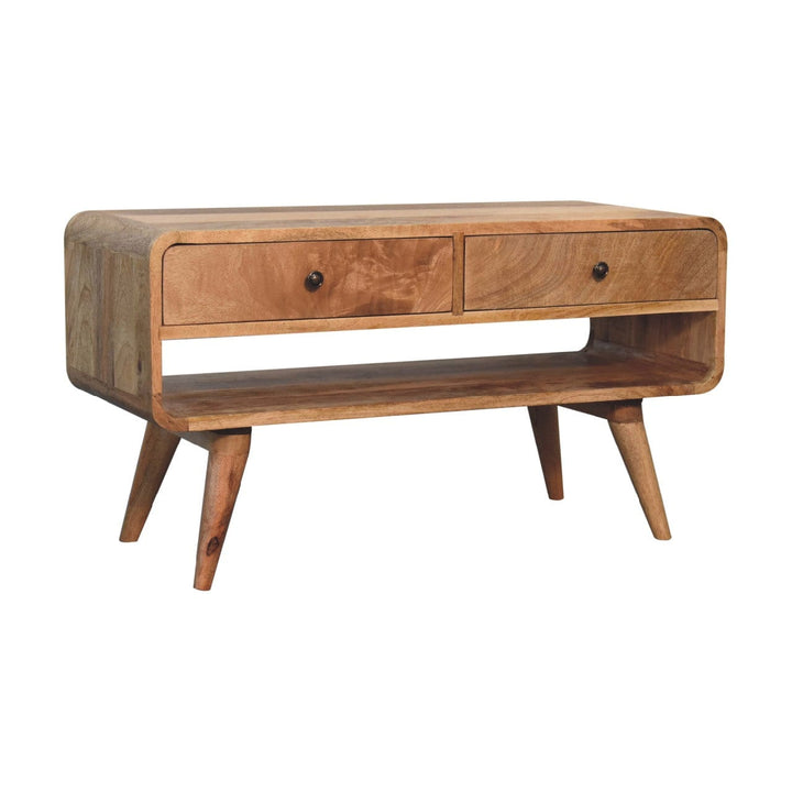 Reverse Curve Oak-ish TV Stand - Solid Mango Wood Entertainment Center for Living Room - product view 2 showing...