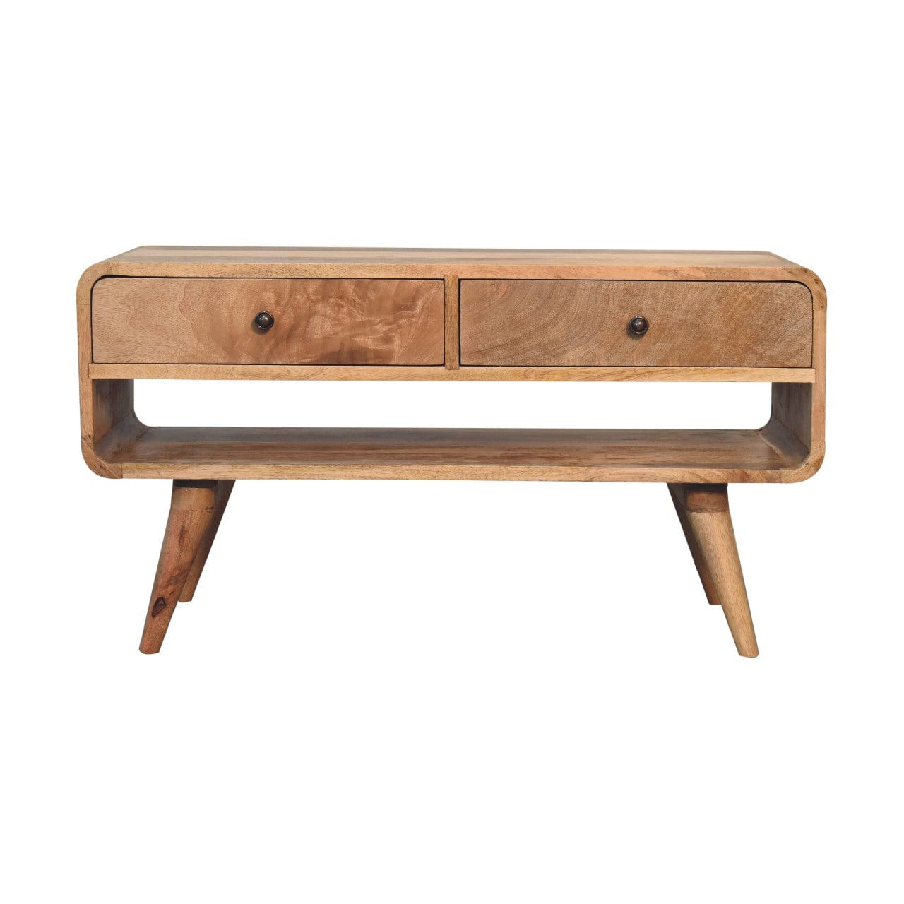 Reverse Curve Oak-ish TV Stand - Solid Mango Wood Entertainment Center for Living Room - main view showing handcrafted...