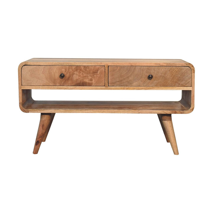 Reverse Curve Oak-ish TV Stand - Solid Mango Wood Entertainment Center for Living Room - main view showing handcrafted...