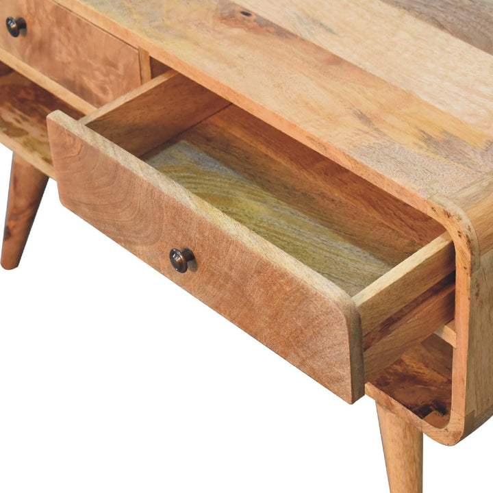 Reverse Curve Oak-ish TV Stand - Solid Mango Wood Entertainment Center for Living Room - product view 5 showing...