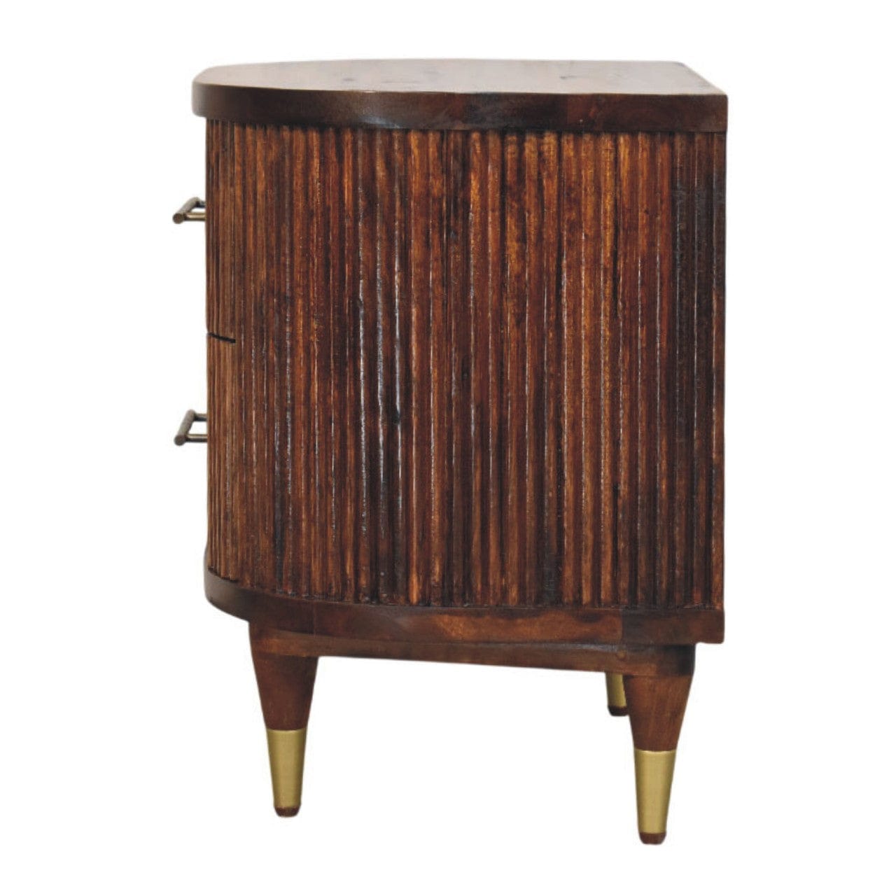 Ribbed Chestnut Bedside Table with Brass Handles - Solid Mango Wood Nightstand - product view 8 showing handcrafted solid...