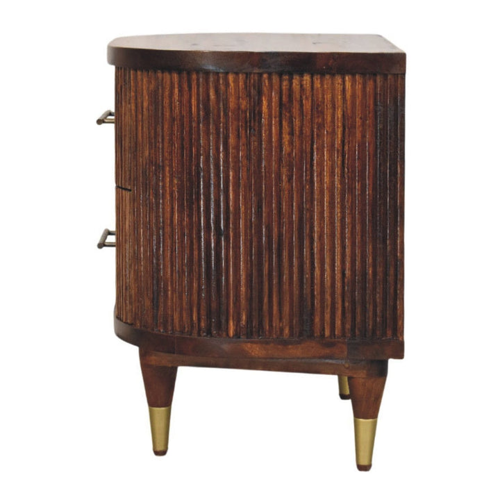 Ribbed Chestnut Bedside Table with Brass Handles - Solid Mango Wood Nightstand - product view 8 showing handcrafted solid...