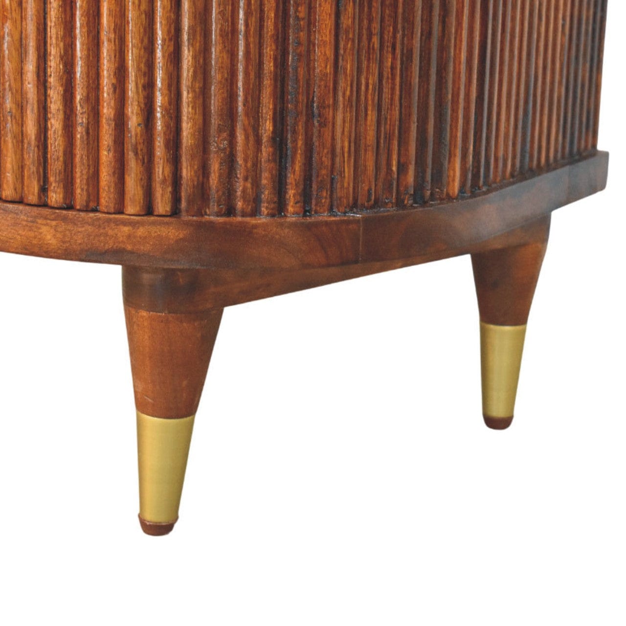 Ribbed Chestnut Bedside Table with Brass Handles - Solid Mango Wood Nightstand - product view 7 showing handcrafted solid...