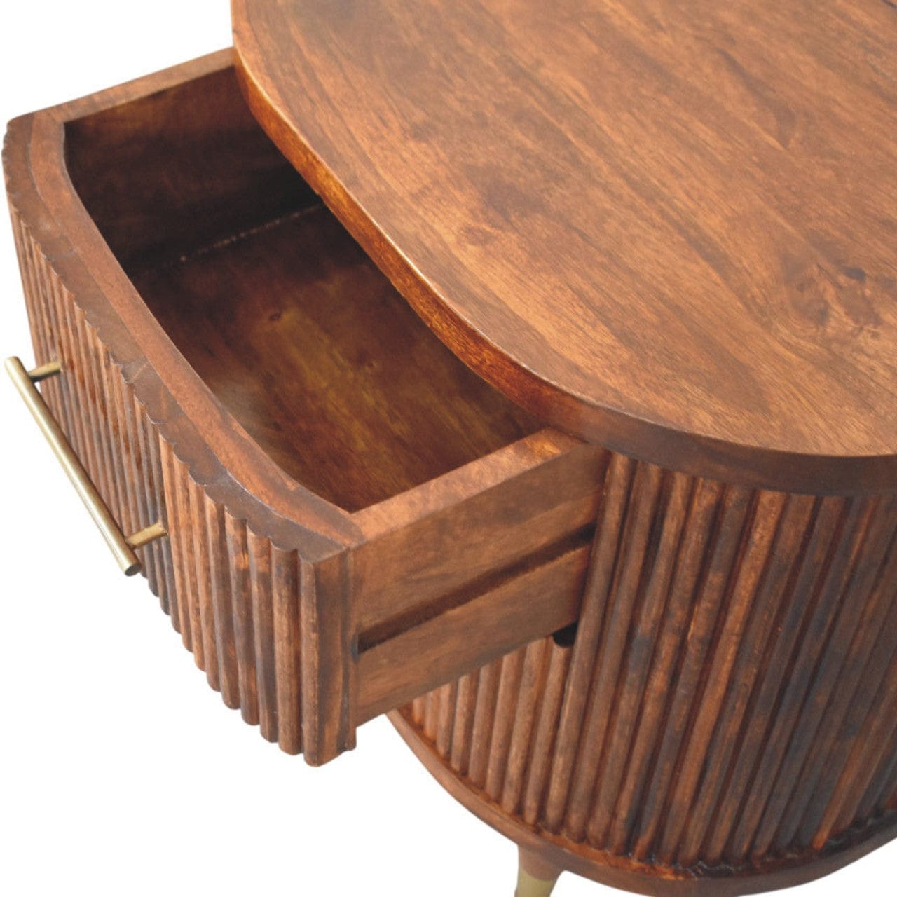 Ribbed Chestnut Bedside Table with Brass Handles - Solid Mango Wood Nightstand - product view 5 showing handcrafted solid...