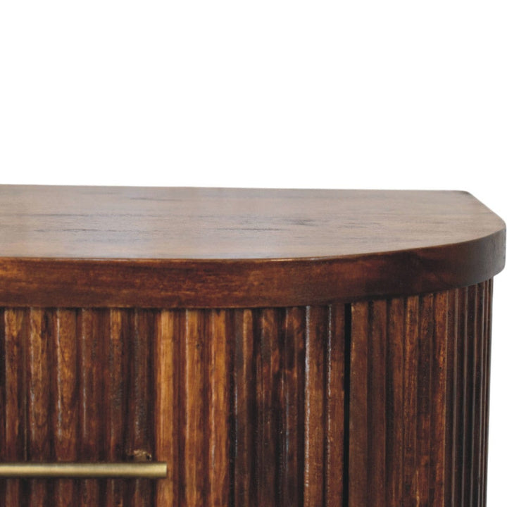 Ribbed Chestnut Bedside Table with Brass Handles - Solid Mango Wood Nightstand - product view 4 showing handcrafted solid...