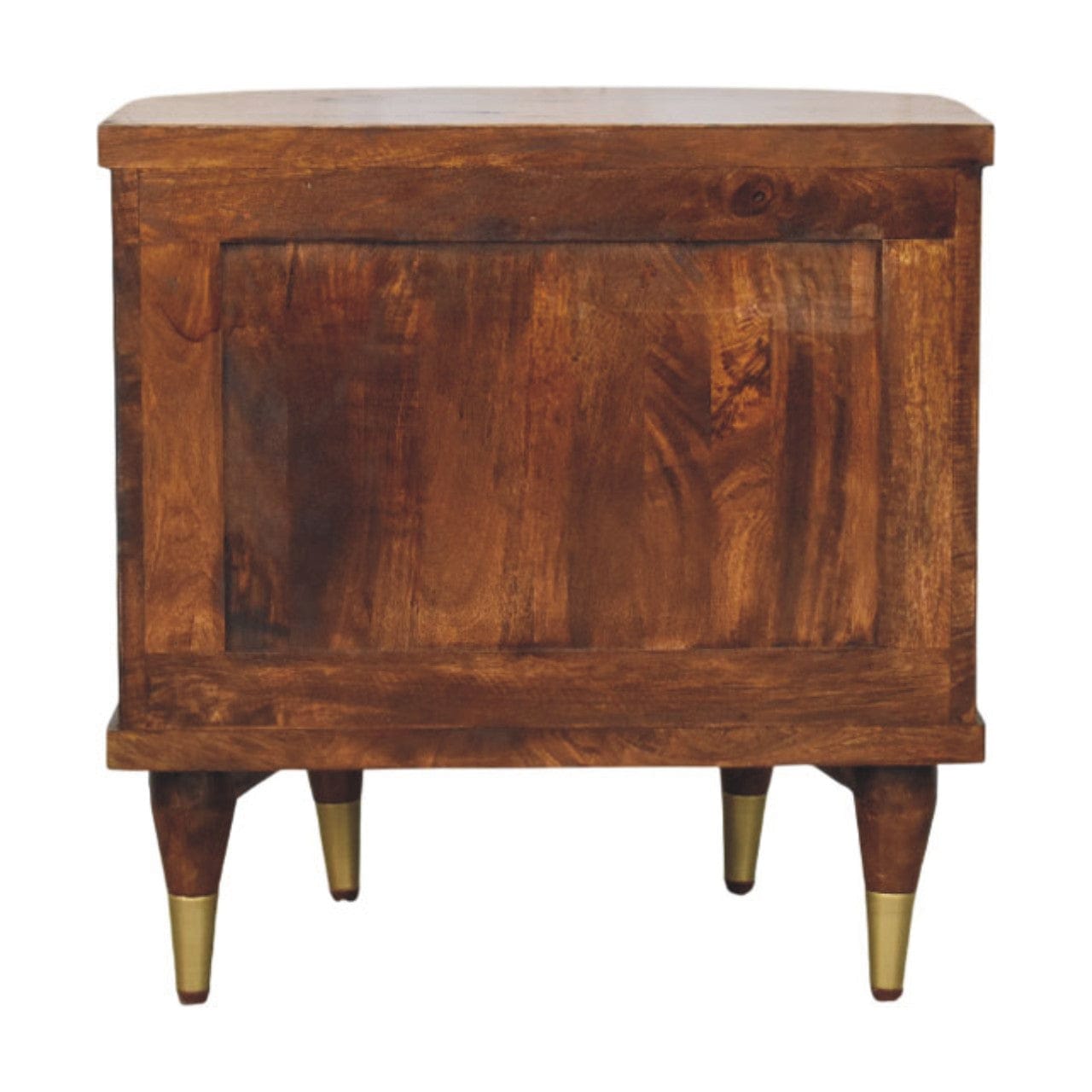 Ribbed Chestnut Bedside Table with Brass Handles - Solid Mango Wood Nightstand - product view 9 showing handcrafted solid...