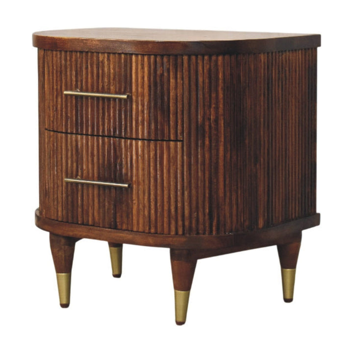 Ribbed Chestnut Bedside Table with Brass Handles - Solid Mango Wood Nightstand - product view 3 showing handcrafted solid...